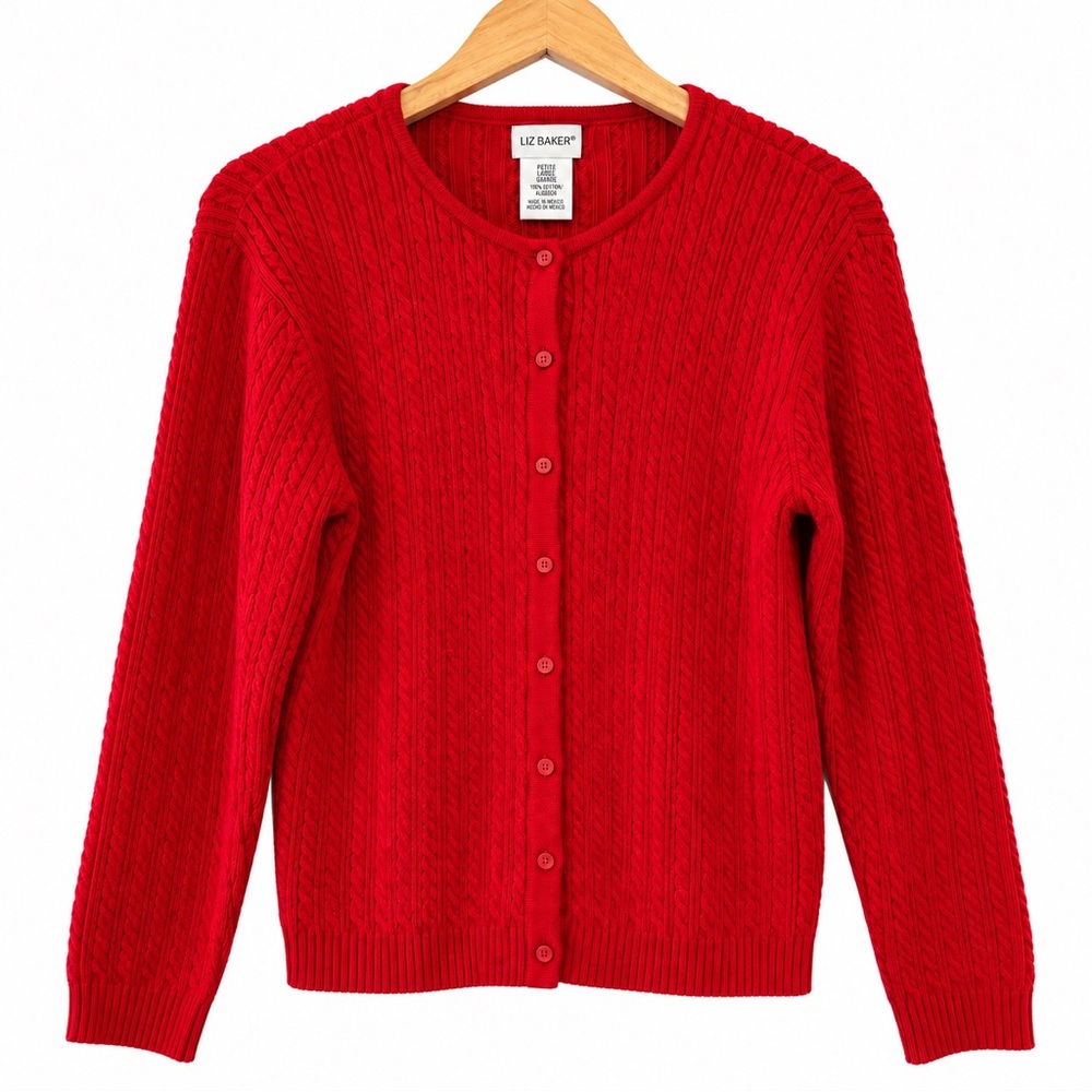 Liz Baker Petite Large Red Cable Knit Cardigan 100% Cotton Button Front